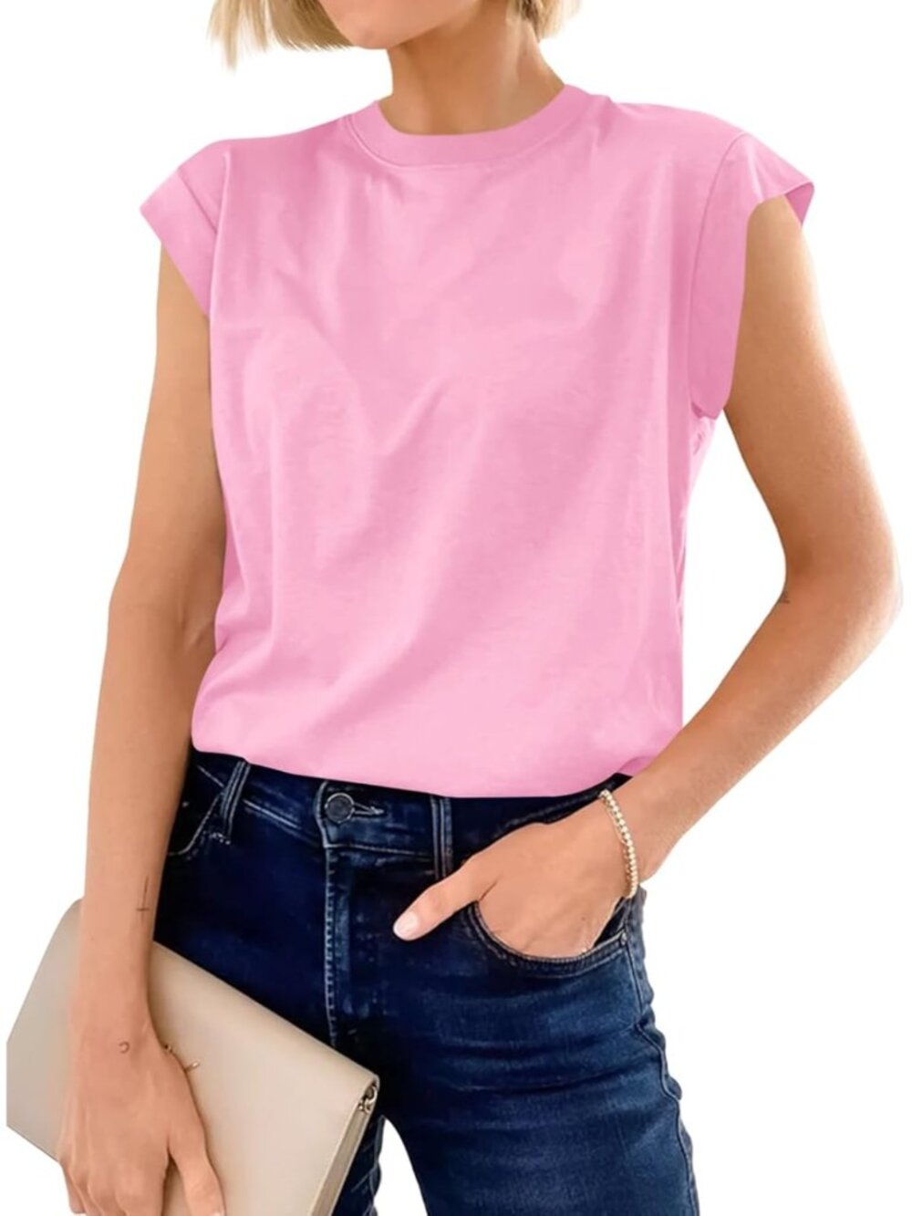 Women's Pink Short Sleeve Crew Neck Basic Tee Loose Fit Cotton T Shirts